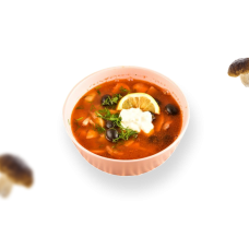 Суп Солянка грибная (Бульон куриный, картофель, капуста б/к,  лук, морковь, масло раст,томат. паста, огурец мар., шампиньоны,  соль, перец ч\м, сметана.